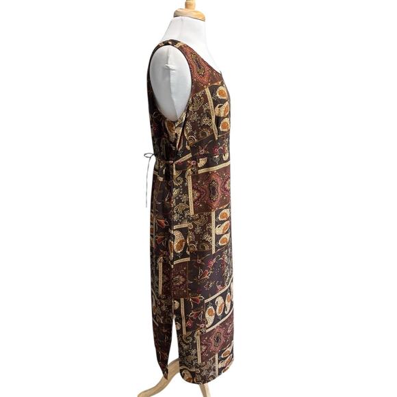 RK ORIGINALS 90s y2K Brown Fall Whimsy Print Maxi Sleeveless Tie Back Dress 14 - Picture 3 of 5
